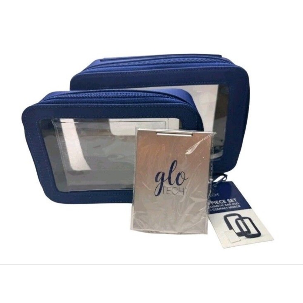 Glo Tech 3 Piece Set Cosmetic Bag Duo Compact Mirror Travel Cosmetic Bag Blue